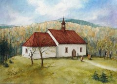 akvarel s námětem kostela