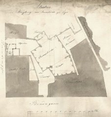 situační plán kolem původní synagogy, později katolického kostela