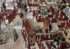 kostel na tzv. Langweilově modelu Prahy, realistickém papírovém modelu z let 1826 - 1837 (v popředí)