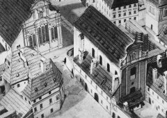 kostel na tzv. Langweilově modelu Prahy, realistickém papírovém modelu z let 1826 - 1837 (vpravo)