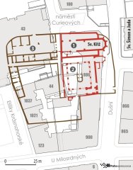 promítnutí polohy kostela sv. Kříže Většího do současné zástavby