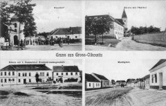 dobová pohlednice vsi se zvoničkou (na levém horním snímku)