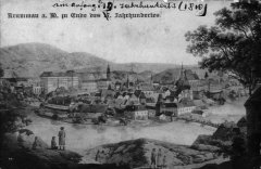obraz Českého Krumlova, na mostě přes Vltavu je kaple