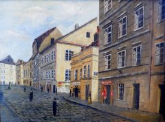 kresba bývalé Rabínské ulice se synagogou v pozadí od Adolfa Kohna