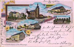 dobová pohlednice vsi s kostelem