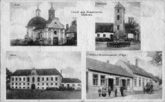 dobová pohlednice vsi se zvoničkou (vpravo nahoře)