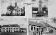 dobová pohlednice vsi se zvoničkou (vpravo nahoře)