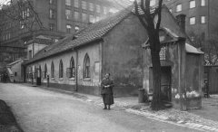 areál hřbitova, přízemní stavba je domek izraelitského pohřebního bratrstva, nyní ŠTUKO, družstvo umělecké výroby pro obnovu památek