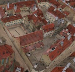 synagoga na tzv. Langweilově modelu Prahy (u šipky)