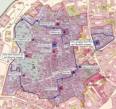 rekonstrukce plánu s popisy synagog a modliteben