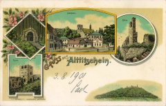 lurdská jeskyně s křížovou cestou na dobové pohlednici