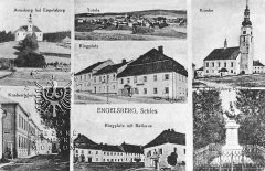 dobová pohlednice města s kostelem (vpravo nahoře)
