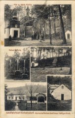 dobová pohlednice vsi s poutním areálem (kaple nahoře vpravo a v prostřední řadě na pravém obrázku)