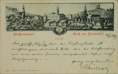 pohlednice s motivem části hlavičky tovarišského listu z roku 1624, kostel vpravo nahoře
