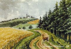 Uhlířský vrch v pozadí kresby, autor Paul Wann