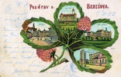 dobová pohlednice města se zbytkem presbytáře kostela (vpravo dole)