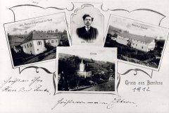 historické foto fary (uprostřed, vlevo od kostela)