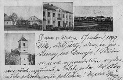 dobová pohlednice vsi s kostelem