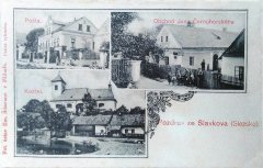 starší pohlednice s kostelem (vlevo dole)