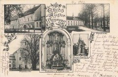 historická pohlednice městysu s kaplí (vpravo od středu)