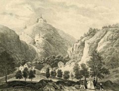 kresba kapličky, aut. Adolf Friedrich Kunike (pod kostelem, nad schodištěm)