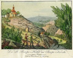 kresba kapličky (vlevo od středu, autor Franz Zimmer)