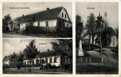 dobová pohlednice vsi s kostelem (vpravo)