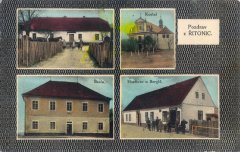 dobová pohlednice vsi s kostelem a zvonicí