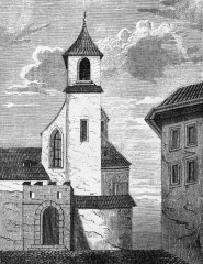 zřejmě ne úplně reálná podoba kostela, reprodukce kresby A. Knöchela