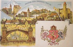 pohlednice s motivem kulis na Národopisné výstavě Stará Praha s kostelem (nahoře vlevo)