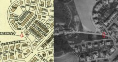 mapa z roku 1938 a letecký snímek z roku 1945 umístění kaple