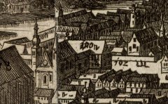 kostel na plánu Praga caput Regni Bohemiae od Folperta van Ouden Allen (s číslicí 100) - detail