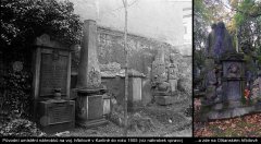 montáž fotografií s náhrobky na hřbitově v Karlíně a Olšanech