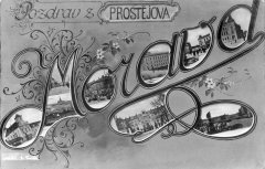 dobová pohlednice města se synagogou (v písmenku "v")