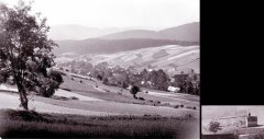 starší foto vsi se hřbitovem a márnicí (při pravém okraji), vpravo detail