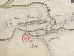 kostel (v kroužku) zakreslený na Mapě královského města Brna a jeho předměstí z roku 1784