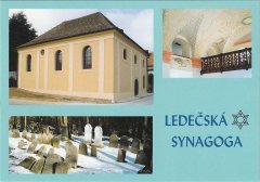pohlednice se synagogou a jejím interiérem