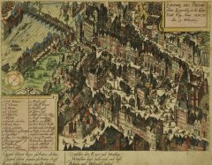 kostel uprostřed historické veduty „Vpád Pasovských do Prahy 15. 2. 1611“ (s číslicí 4)