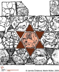 detail skladby podlahy - gryf, lev a glazované trojúhelníky