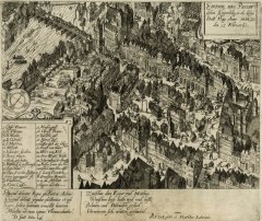 kostel uprostřed historické veduty „Vpád Pasovských do Prahy 15. 2. 1611“ (s číslicí 4)