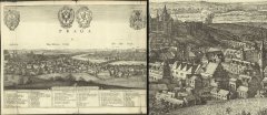 vlevo prostřední třetina velkého panoramatu Václava Hollara „Pohled na Prahu z Petřína“ z roku 1649 podle kreseb z roku 1636 - vpravo u šipky detail kostela Přenesení sv. Václava