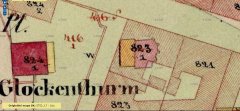 zakreslení půdorysu kaple v mapě Stabilního katastru z roku 1842 (na parcele 823/1) - žlutě je dřevěná přístavba