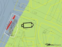plán širšího okolí s umístěním kostela (červené plochy jsou archeolog. průzkumy opevnění města)