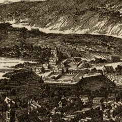 kostel (nad středem) na plánu Praga caput Regni Bohemiae od Folperta van Ouden Allen (s číslicí 107) - detail