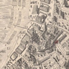 detail z plánu Prahy Josefa Daniela Hubera (ÖNB), kostel označen šipkou