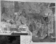 detail nástěnného obrazu Narození Panny Marie zničeného při přestavbě
