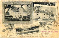 dobová pohlednice s kostelem a kaplí s původní bání (na horním snímku vpravo)