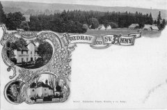 dobová pohlednice s kostelem a kaplí s původní bání