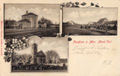 dobová pohlednice vsi s kostelem (vlevo dole)