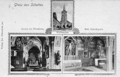 dobová pohlednice s motivem interiéru kaple a kostela